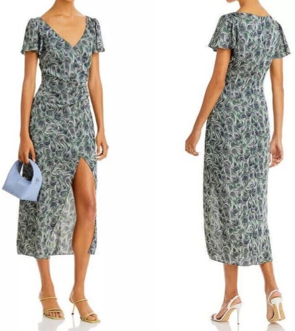 NWT CINQ Á SEPT Kacydie Green Floral Abstract Design Slit Midi Dress Size 2